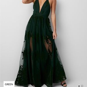 Flocked forest green floral tulle maxi dress